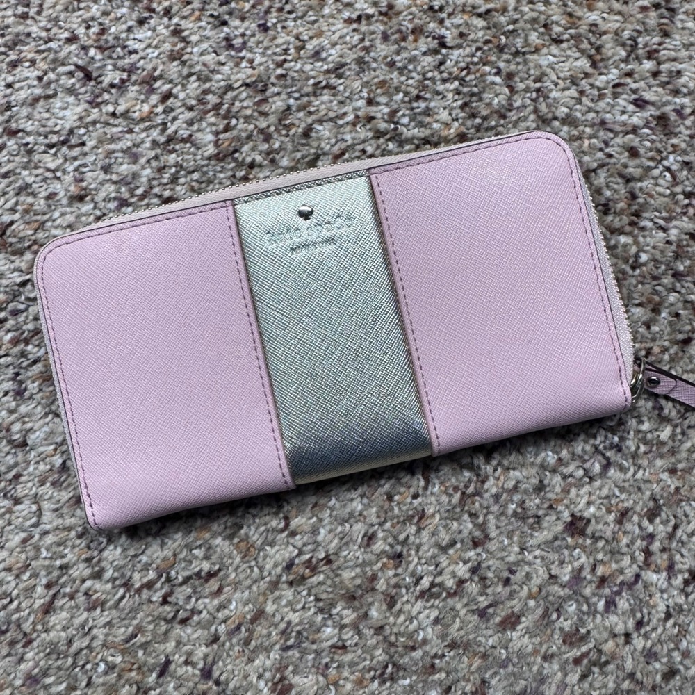 Kate Spade Pink Gold Metallic Saffiano Leather Zip Around Continental Wallet